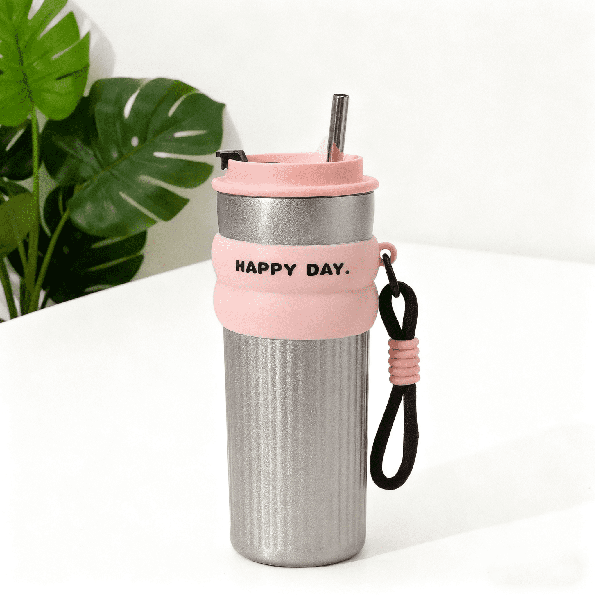 Edelstahl-Isolierbecher mit Handgelenkschlaufe und Strohhalm – Pink 500ml – Bild 3
