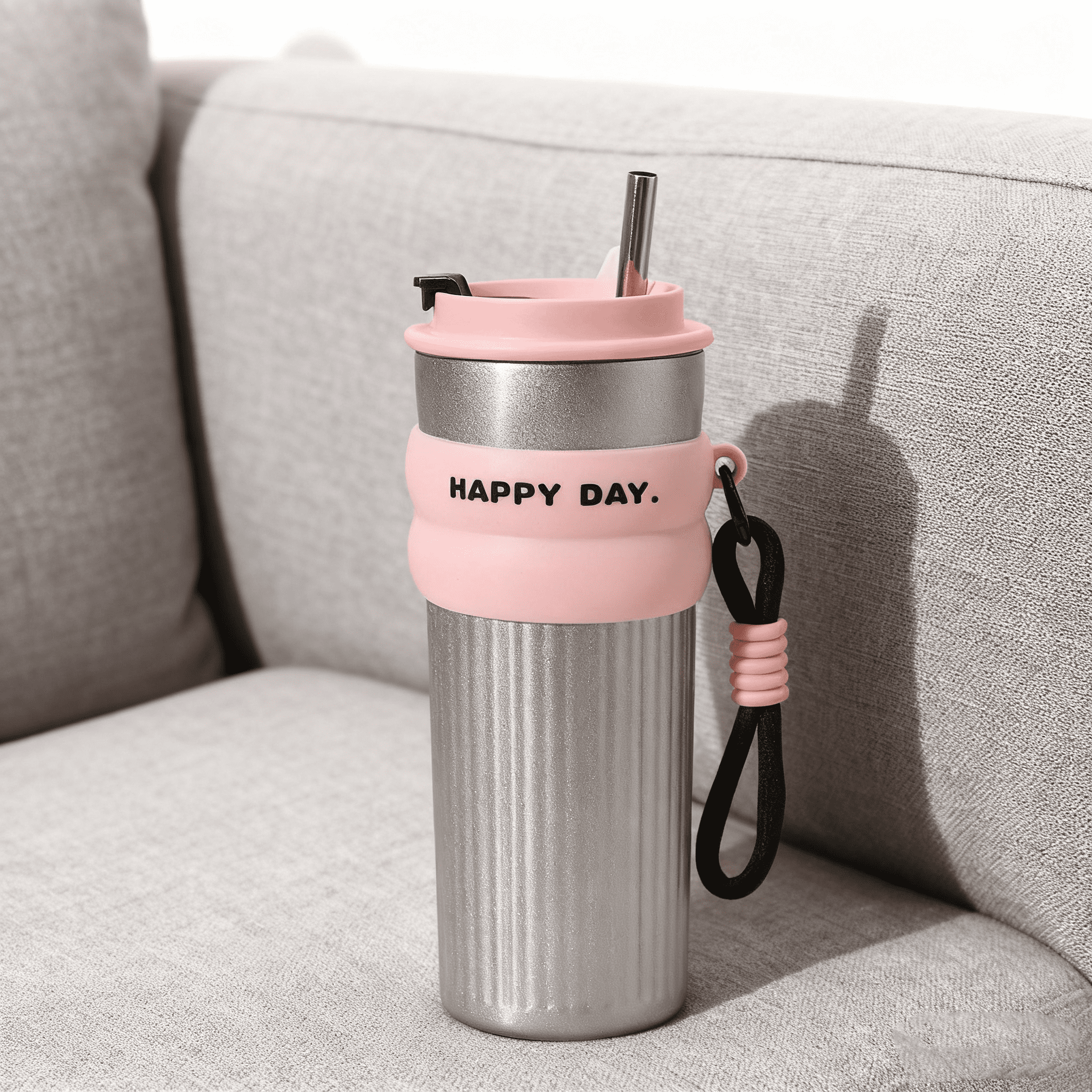 Edelstahl-Isolierbecher mit Handgelenkschlaufe und Strohhalm – Pink 500ml – Bild 2