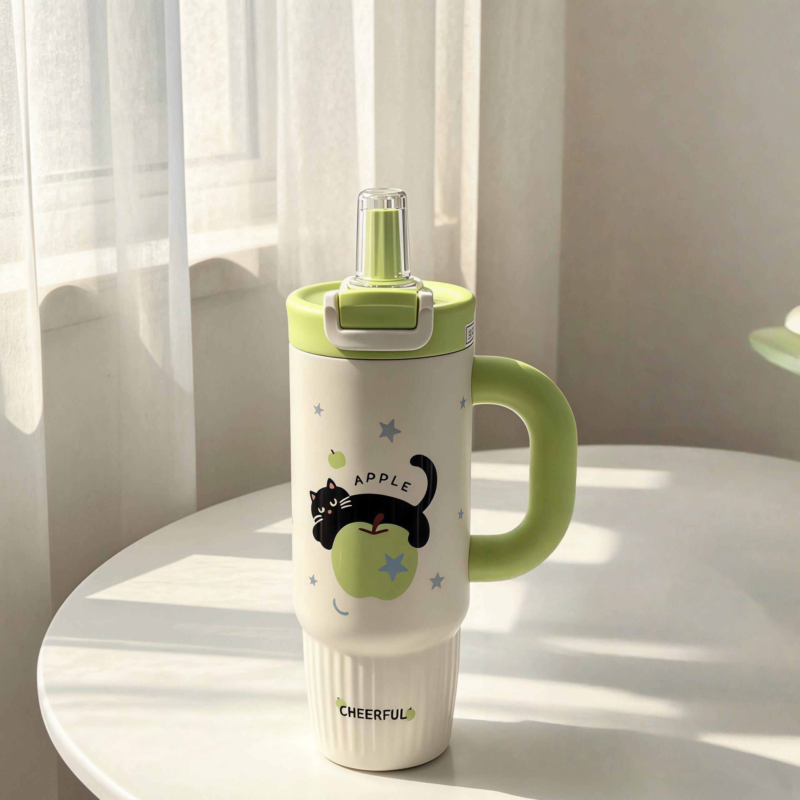 Isolierbecher aus Edelstahl mit Motiv-Print – Design Apfel-Katze Grün 800ml – Bild 3