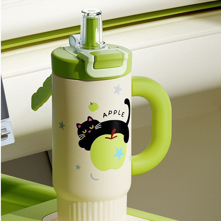 Isolierbecher aus Edelstahl mit Motiv-Print – Design Apfel-Katze Grün 800ml – Bild 2